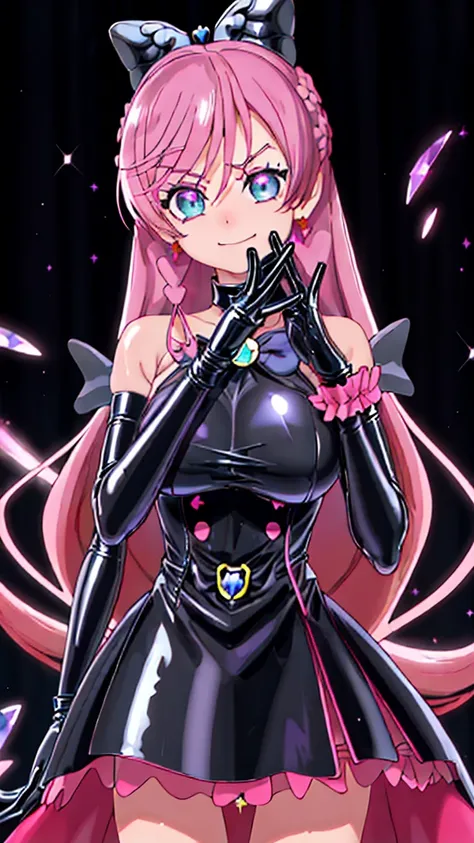 best quality, ultra detailed,1girl, solo, ((cure_prism_hirogaruskyprecure)), long hair, green eyes, pink hair, bow, bangs, black bow, 1girl, , gloves, holding, looking at viewer, black gloves, earrings, black skirt with frills, , black enamel boots, evil s...