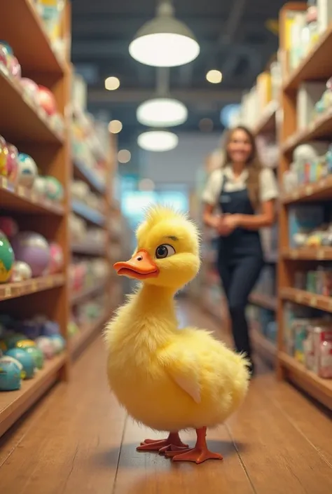 1st Image Prompt (Duck in Store Aisle)

"A beautiful, fluffy yellow duck with big, expressive eyes is standing in a well-lit sports store aisle. The duck is looking at neatly arranged cricket balls and colorful beads on the shelves. The store has a modern ...