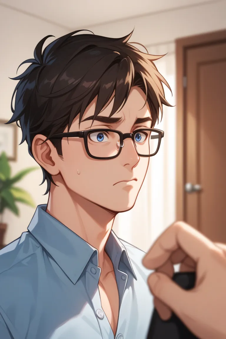 (1man) flustered and confused adult asian man with glasses and button up shirt in anime style. background is corner of apartment.