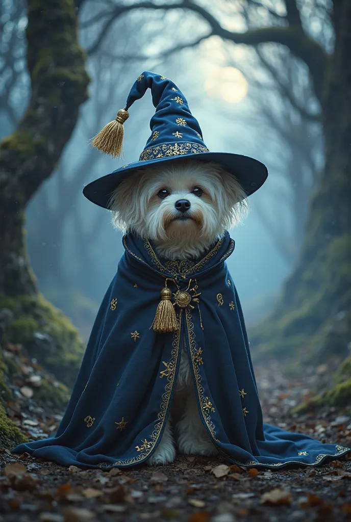 A Maltese dog dressed as a wizard