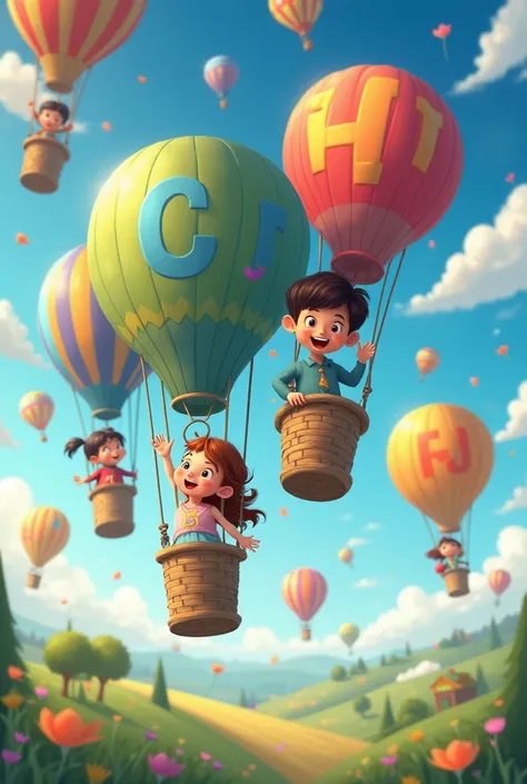 "A lively sky filled with colorful hot air balloons, each carrying a letter (A-Z) or number (1-10). Happy ren wave from the baskets, making learning feel like an adventure in the clouds.