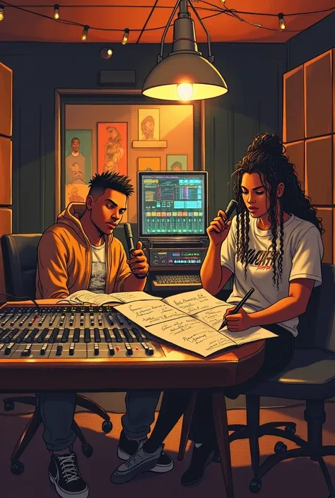 I want these two characters sitting in a rap studio 