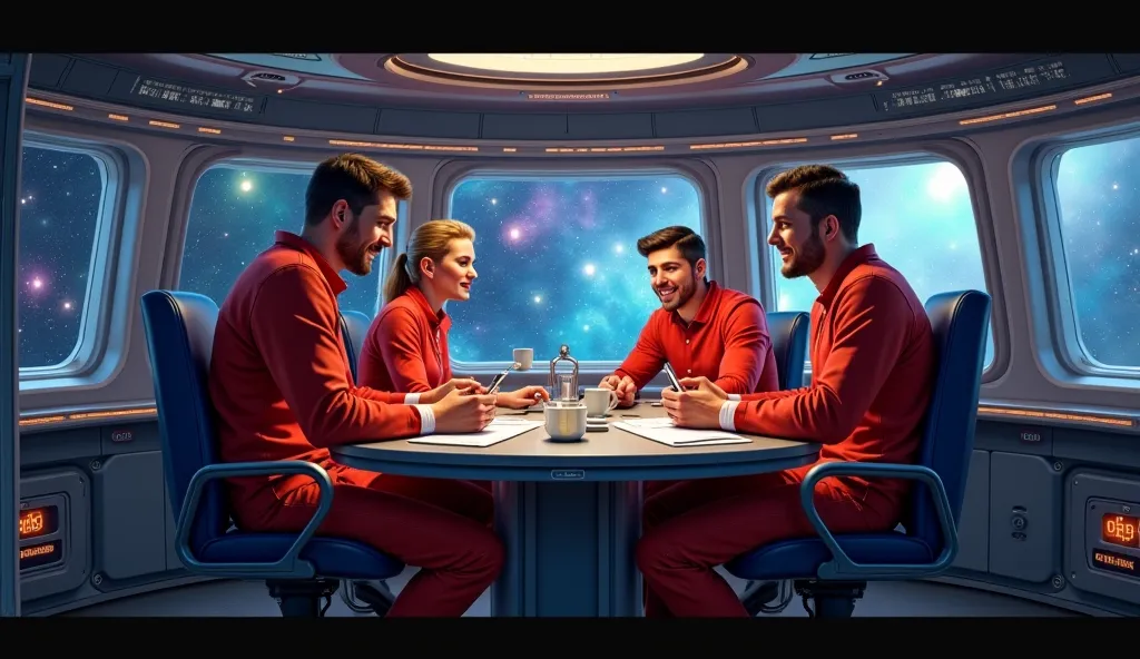 Show the crew inside the ship, smiling and working together. Overlay text of their routine updates (e.g., “Day 245: All systems normal. Discovered a new nebula.”). Include shots of celestial phenomena (e.g., colorful nebulae, distant galaxies).