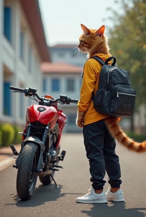 a hyper realistic close-up of a beautiful cat standing next to a beautiful red Honda CBX Twister 300cc motorcycle at the entrance to a confident school, the cat is the color of a beautiful Bengal tiger, its fluffy fur is well cared for, it is facing away l...