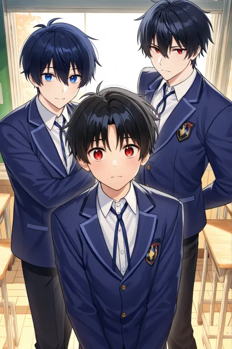 Anime boy and red eyes Black hair school boy full body