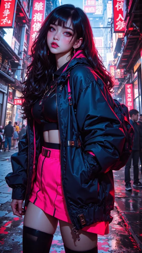 intricate lines and expressive contrast，with dynamic highlighted soft lighting，Features cpym style masterpiece，Best Quality，Very beautiful 8K artwork，Latest， around the age of thirty，depth of field，Focus theme， Artist：Moriimee。Japanese woman wearing neon c...