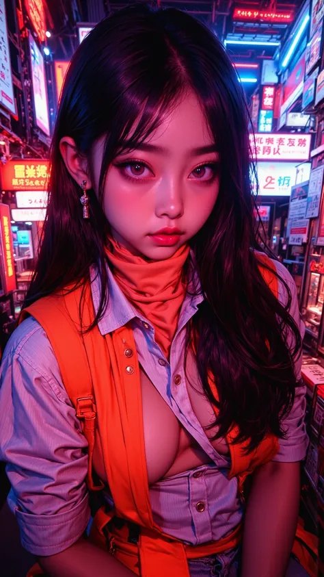 intricate lines and expressive contrast，with dynamic highlighted soft lighting，Features cpym style masterpiece，Best Quality，Very beautiful 8K artwork，Latest， around the age of thirty，depth of field，Focus theme， Artist：Moriimee。Japanese woman wearing neon c...