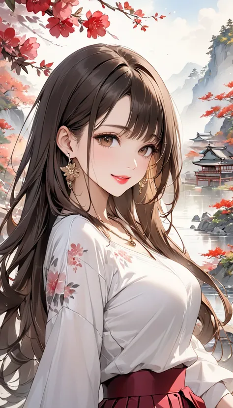 (masterpiece,  HD , HD, 8k,  Highest quality), Japanese painting,   A fusion of watercolor and oil painting ,  One Young and Beautiful Woman, Brown-black long hair ,  beautiful brown eyes, pink lips, perfect style, Perfect face ,  moderate breast size, ear...