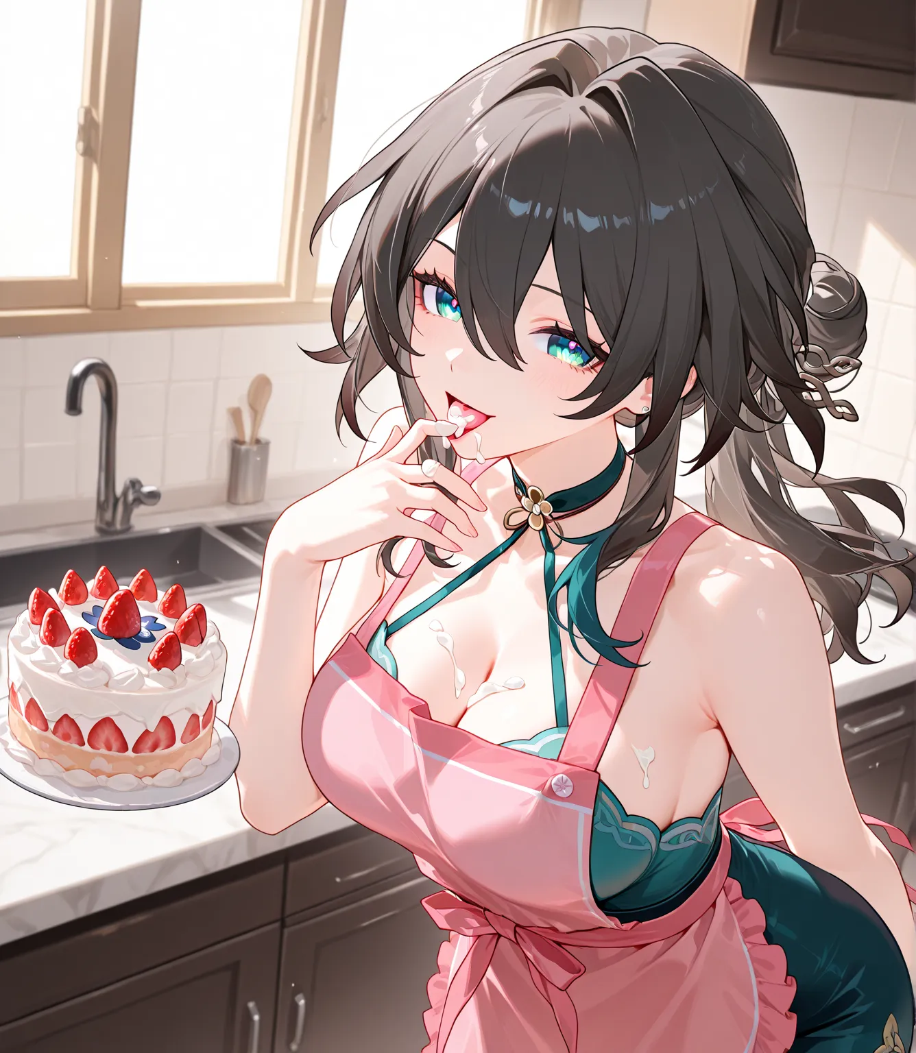 One Woman, Adult Women, Luan May \(Honkai: Star Rail\), black hair, solo, one strawberry cake, woman ONLY in pink apron in the kitchen licking one finger on her left hand, cream on her tongue.