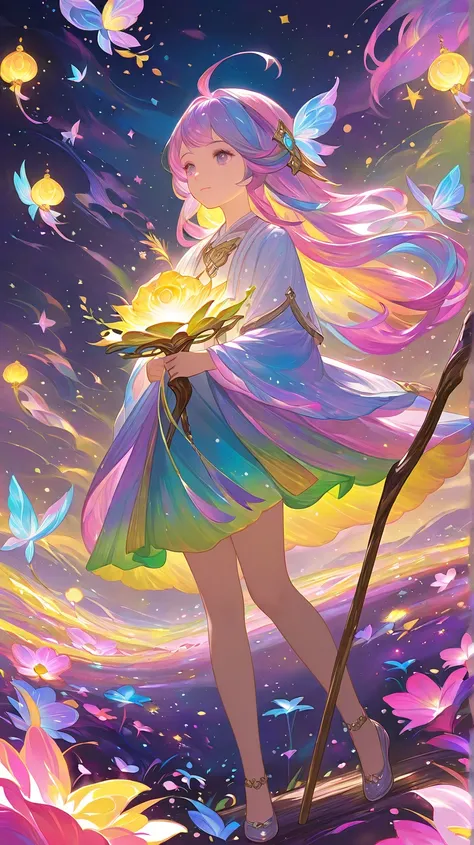 Isekai Tensei anime worldview　　wizard　 colorful hair color　　Long walking stick　　23 year old cute woman