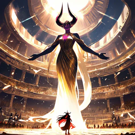 High resolution, Colosseum environment, large size,  female gender, Monstrous demon, white and gold dress, pink skin,  big black horns  