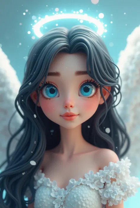 Woman blue eyes long black hair in angel with aerole 3D cartoon
