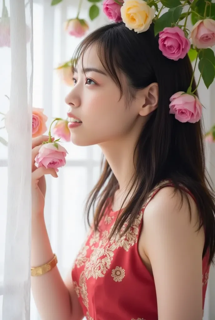 During prime time, a young woman (Nanase, perfect body) with long black hair braided to the left side over the front shoulder. She wears a traditional red underwear that opens from the middle of the cheongsam, which is decorated with intricate gold pattern...