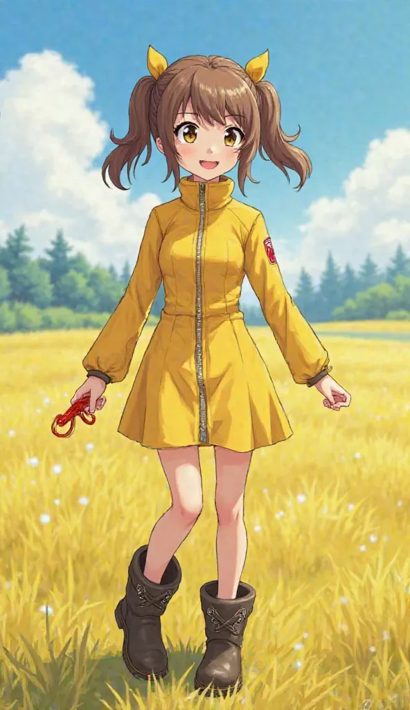 wearing boot-style shoes、Selfie。with short brown hair and twin tails on both sides、wearing a bright yellow zippered dress。The skirt part is short。with a red style in both hands、Final Fantasy 8 characters。Energetic and active。 is a prairie in the background