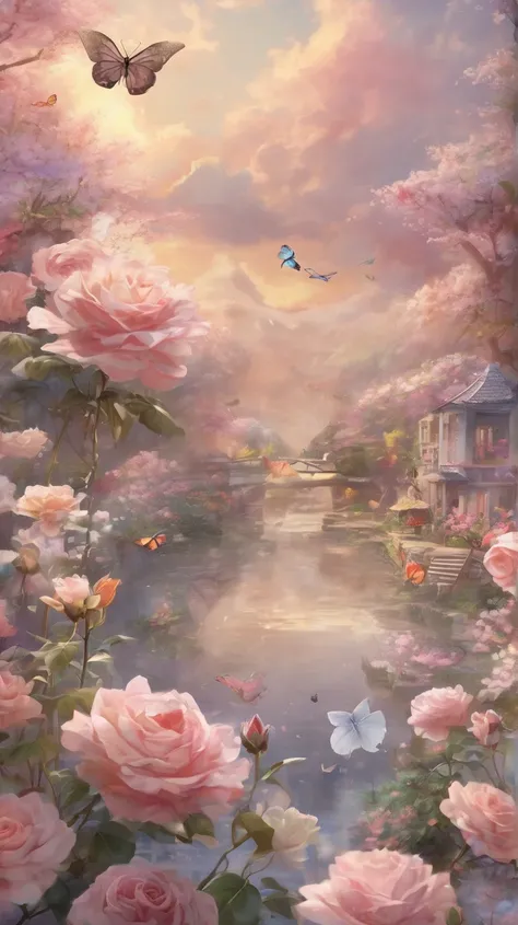 wrapped in soft pastel clouds It creates impressive, dreamy scenes featuring serene landscapes。In the surrounding area、roses of various shades are in full bloom、contains soft pinks and creamy whites。Delicate Butterflies 々It flutters around、adding a sense o...