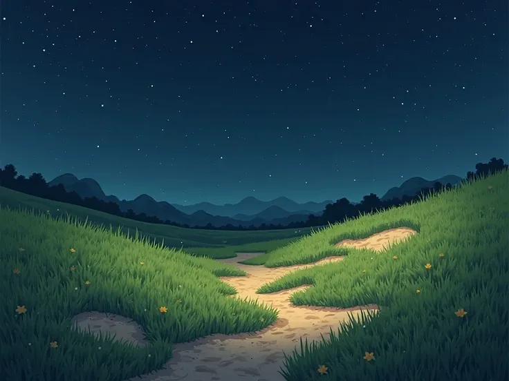 Background of a fantasy grasslands wilderness with some patches of sand here and there, bushes in the distance, at night