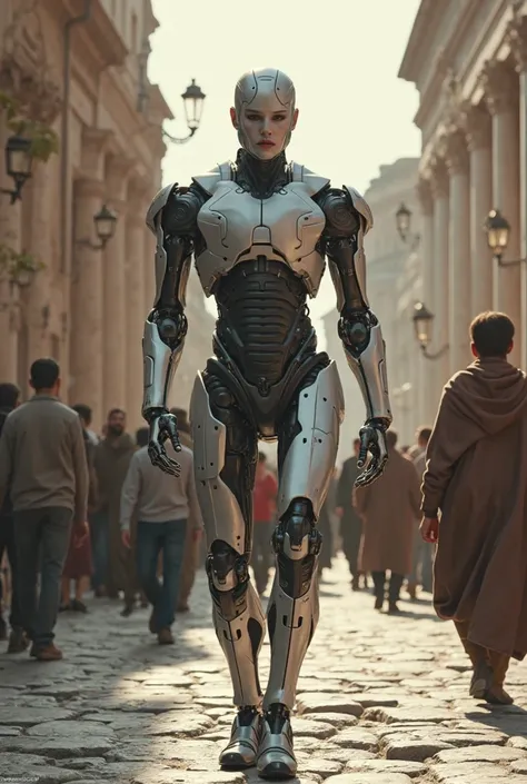 Futuristic 2054 Humanoid Male Robot with human face walking down the street of Ancient Rome with hundreds of people walking around 