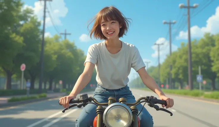 8k, RAW photo, Highest quality, masterpiece, realistic, photorealistic, The location is on the street next to the park、The blue sky can be seen in the background 、The main character is a beautiful 19-year-old Japanese woman who drives an old military sidec...