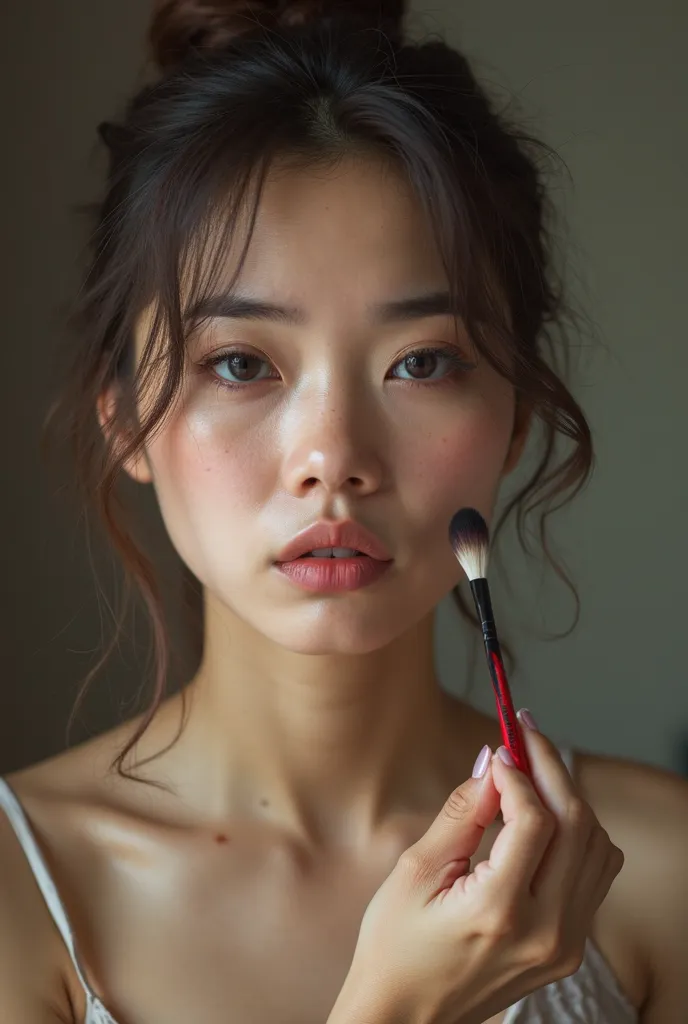 not too pretty asian female, most super realistic style, her hand is holding a makeup brush, her face sad, very lacks confidence and self-esteem, she's having a bad makeup on her face, she's looking in the makeup table mirror, her face have some wrinkles a...