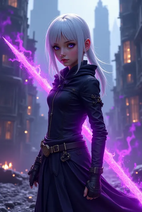 Create a movie poster-style image of a age girl with white hair,  Violet Eyes, Assassin's clothing with a purple fiery sword 