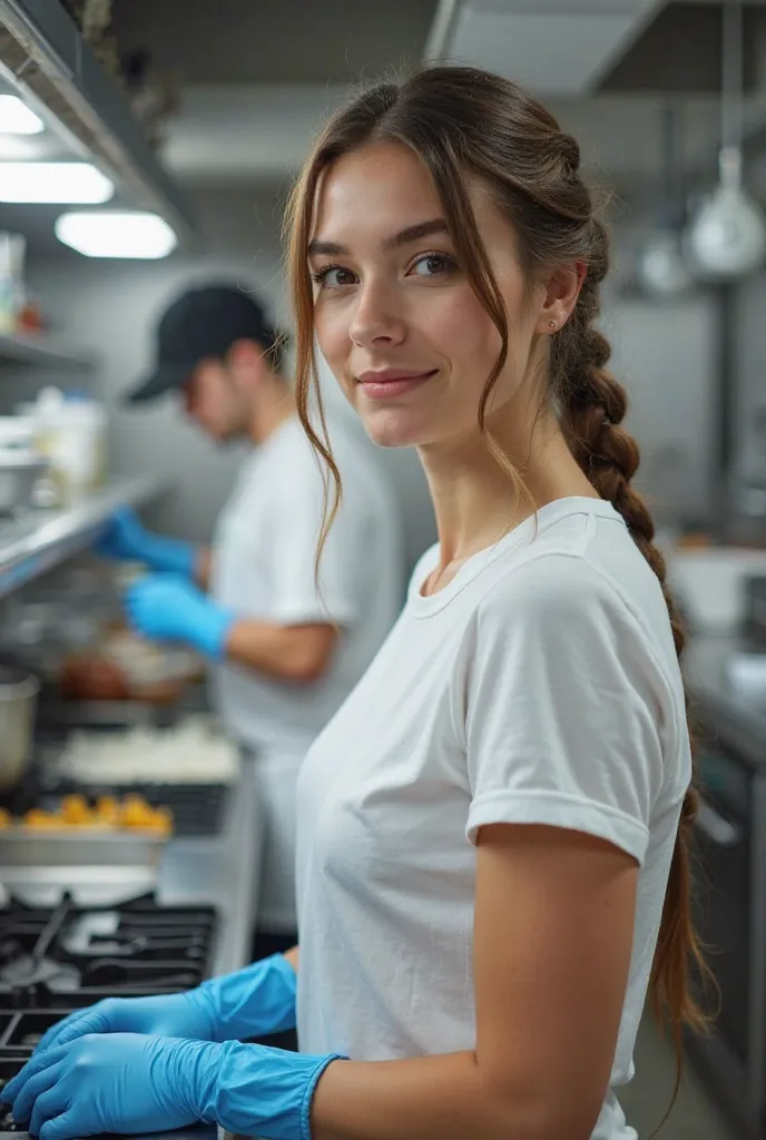 white college girl with brown braided hair wearing a white t-shirt and blue nitrile gloves while working in a commercial kitchen