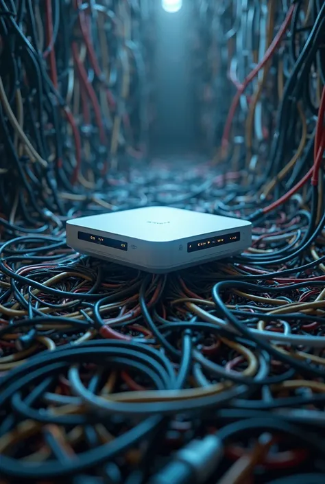 I want a picture that symbolizes the chaos of the wires and the cable connection. The Alcatel device solves this problem and how to facilitate the wireless connection process with surveillance cameras