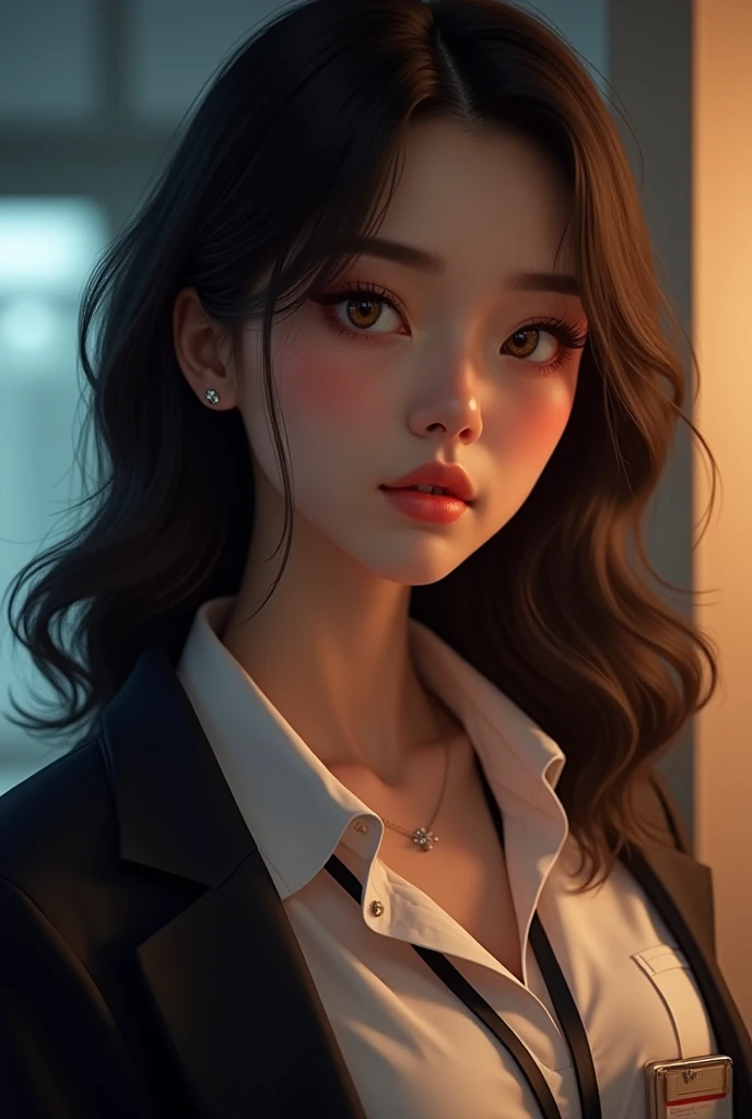  half-closed eyes, orange eyes, very pretty face, cute girl, Alone ,  Medium Hair, ((Black hair with brown tips)), big breasts, office uniform costume, ID card,  pierced cross earrings , blush, Curvy Beauty ,  smooth and flawless skin ,  Particles , fracta...