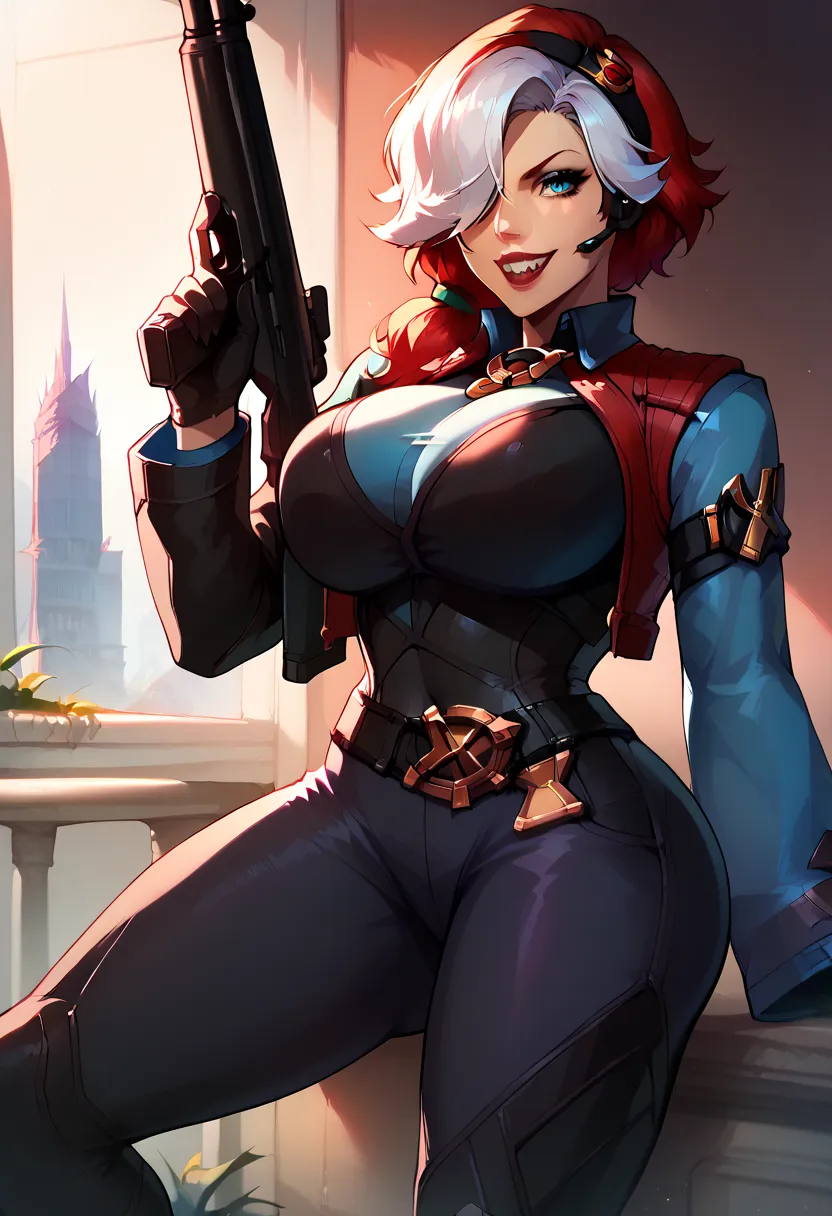 , blackwidow_rivals, red hair, asymmetrical hair, headset microphone, blue eyes, red lips, bodysuit, black bodysuit, gloves, black gloves, forearm guns, black clothes, sniper rifle, holding sniper rifle, huge weapon, posing, , colettedef, sharp teeth, smil...