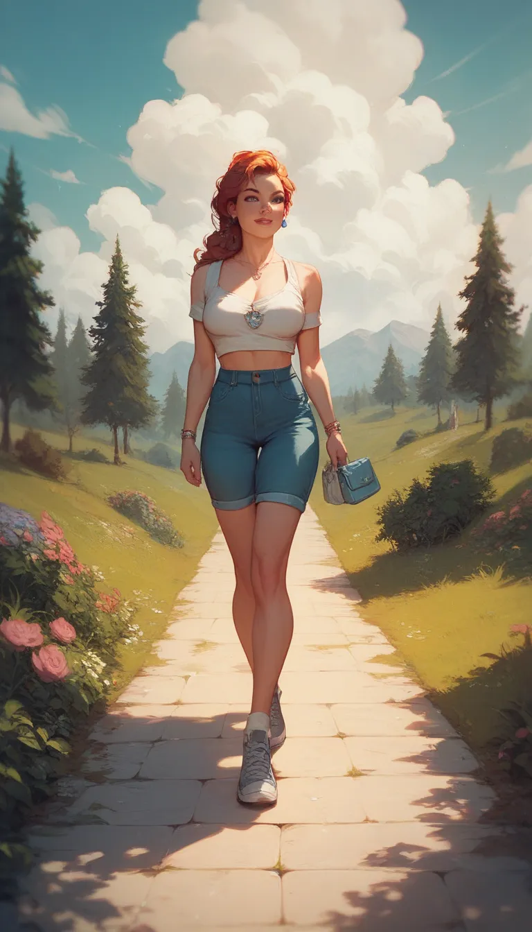 A girl is walking through a fantastic landscape