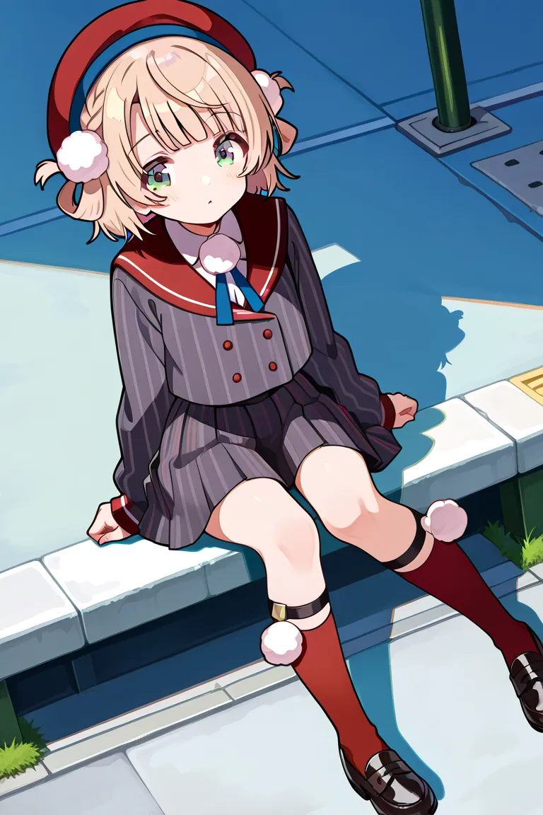 shigure ui \(vtuber\),green eyes, blonde hair, short hair,hair rings,pom pom hair ornament,beret,striped jacket,red sailor collar,pom pom (clothes),striped skirt,red socks,black loafers、 flat chest, イラストを描く、笑う