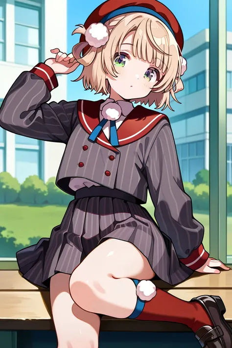 shigure ui \(vtuber\),green eyes, blonde hair, short hair,hair rings,pom pom hair ornament,beret,striped jacket,red sailor collar,pom pom (clothes),striped skirt,red socks,black loafers、 flat chest, イラストを描く、笑う