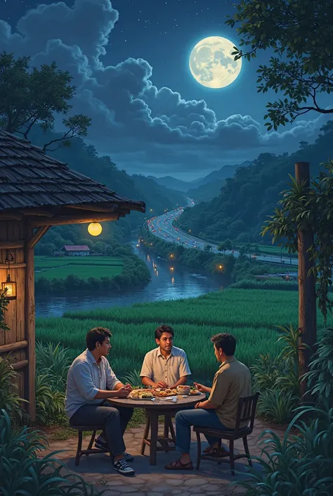 5 men gathered in a village stall next to rice fields, a river and a highway at night with a full moon