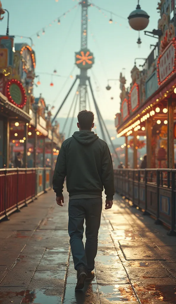 An ultra-realistic image in the points of view style (throw), capturing the first-person perspective of a man in normal clothes walking in an amusement park in today's world where no one else exists, Just him .Just a first-person view where he sees the emp...