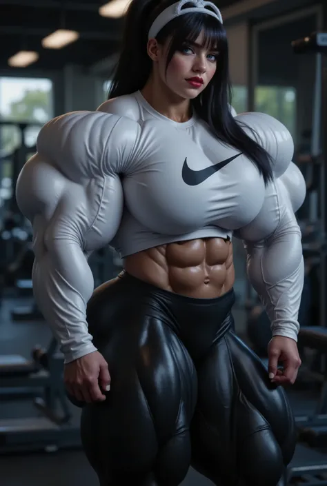 a photorealistic full body shot of beautiful woman with black hair, alabaster skin and blue eyes wearing a white long-sleeved shirt with a black under nike logo and shiny neon metallic black latex leggings. the woman has huge muscles that stretch her clot...