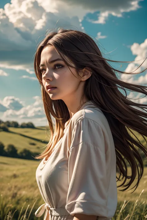 a chivi girl trying to walk pushed by the wind, detailed realistic portrait, beautiful young girl with long flowing hair, delicate facial features, determined expression, struggling against strong wind, outdoor nature scene, grassy meadow, rolling hills, c...