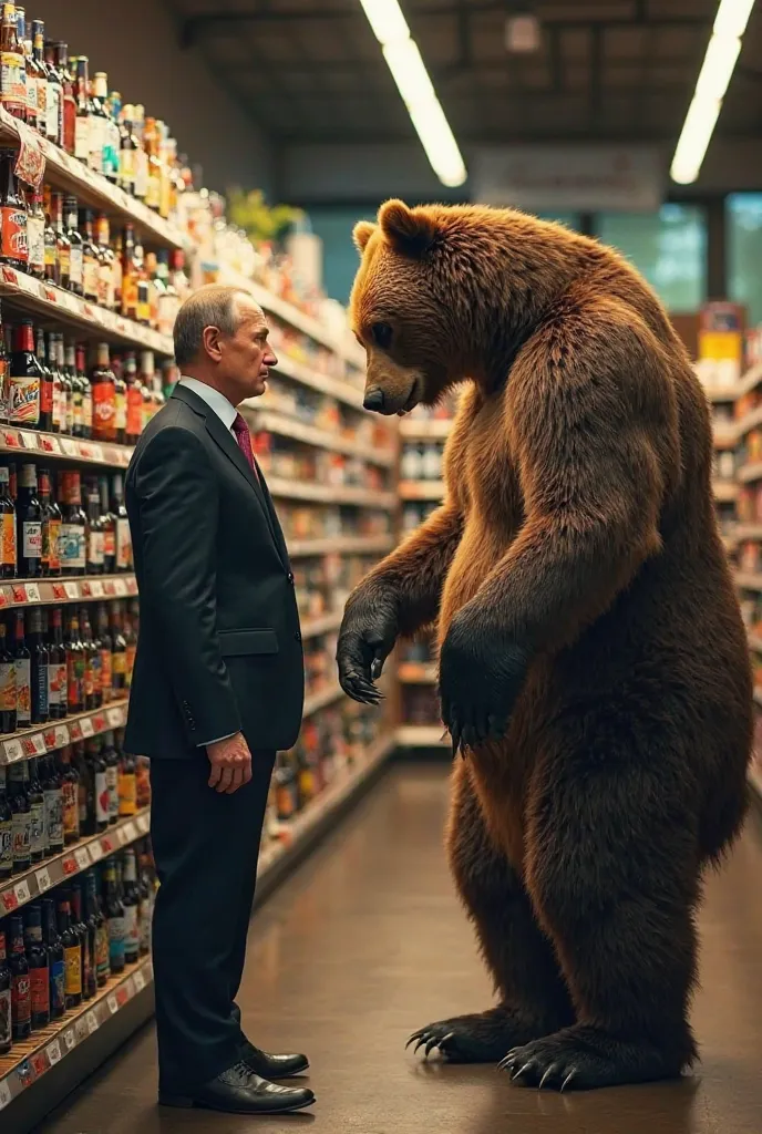 Putin and a bear are choosing beer in the store 