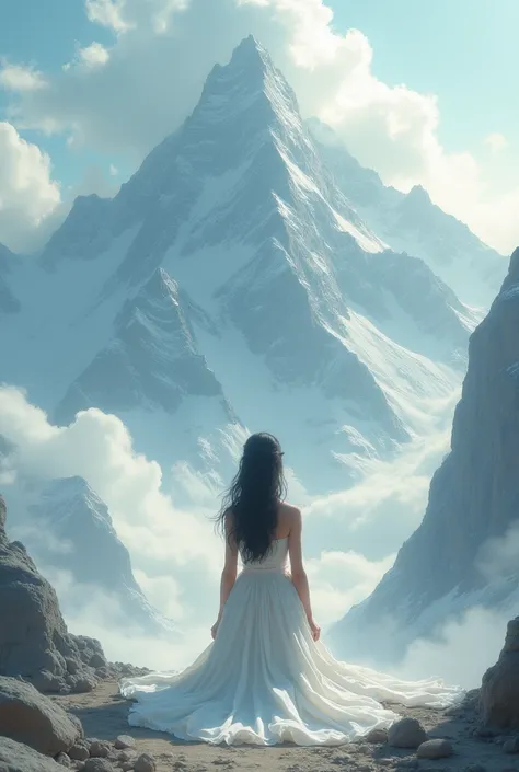 Creat a picture in a girl prey to lord Siva and background is white mountain with clouds 
