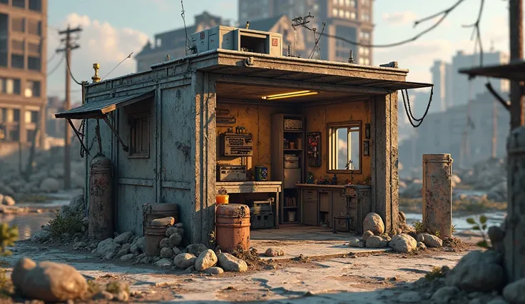 Make me a small post apocalyptic hideout for my zombie survival game