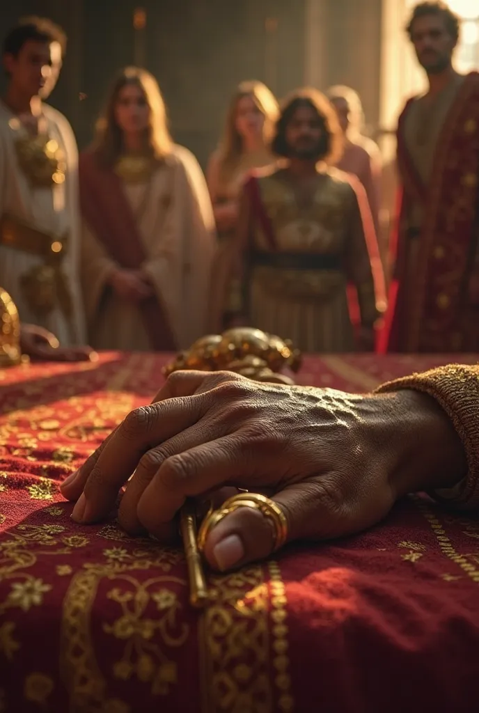 imagem POV de Davi no leito de morte passando o trono para Solomon
"Exciting first-person scene from David lying on a royal bed, with slightly blurred vision, olhando para Solomon à sua frente. The visible hand is aged and weak, resting on a golden scepter...