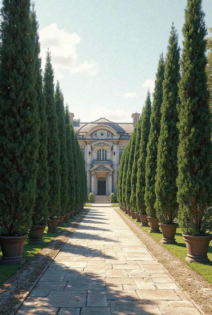 I would like you to recreate for me an image of a long driveway with potted pine trees on both sides of the road leading to an old money house.