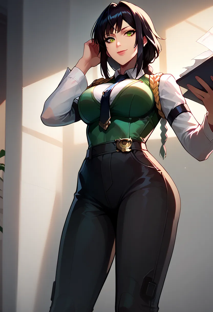 fubuki (one-punch man) black hair, short hair, tight green dress, long sleeves, collared dress, green eyes, perfect large breasts, view from below, sexy pose, dynamic angle Break, perfect lighting, shadows, makima, makima, long hair, smile, bangs, braid, r...