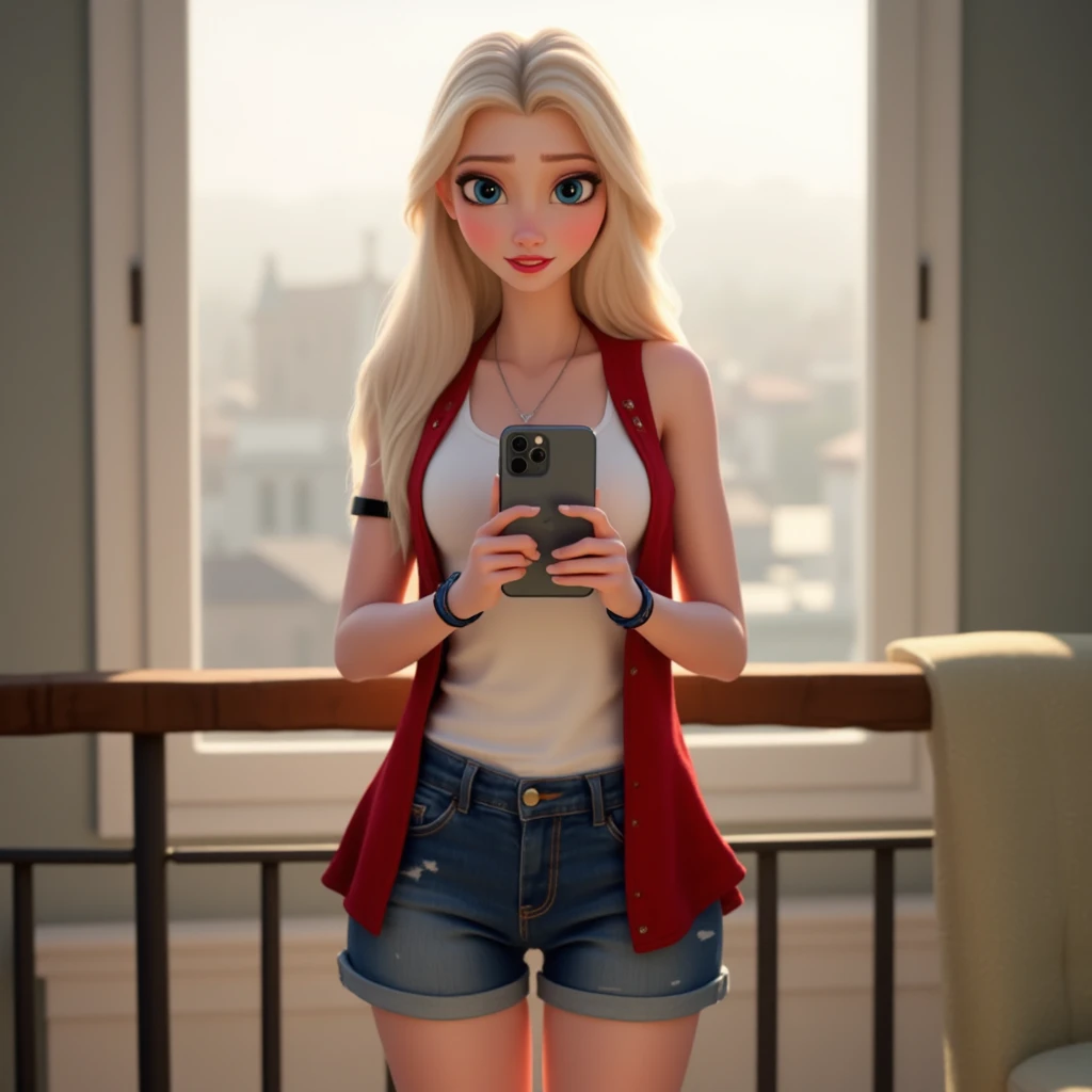 Photo by Elsa, long hair , white tank top and red vest, denim shorts on the arm, black rubber bracelet on the arm,  Skinny,  slim figure,  is standing on the balcony, in the hands of a gray iPhone 11,  realistically , the light shines from behind