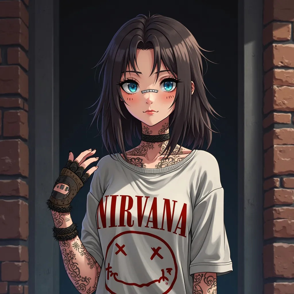 anime style,character has a stylish and edgy appearance. They have medium-length dark brown hair with a parted fringe, blue eyes, and a confident expression. Their face features unique details, including a bandage on the nose and small tattoos or stickers ...