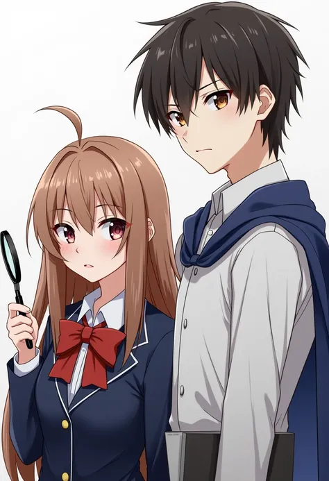 Make a close shot of half body of two highschool student for my synopsis in my book.

The first student is girl then the second is boy.
The girl has brown long brown hair, wearing uniform a navy-blue blazer and a red-bow tie. Her face was kinda pretty not ...