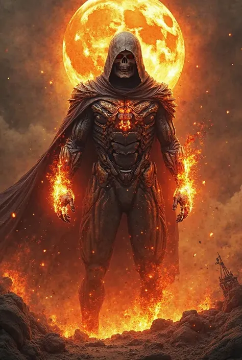 Create a monstrous fusion of Moon Knight and Human Torch, blending their most iconic features into a terrifying hybrid form. This creature should have the skeletal, glowing eyes and hood of Moon Knight, but its body should be wreathed in uncontrollable fla...