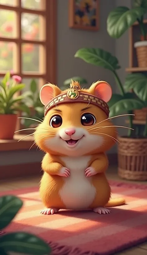 A cute, cartoon-style hamster named Takeshi, living in a luxurious cage in Laura’s house. The cage is full of high-end amenities like a shiny exercise wheel, a cozy bed, a tiny wooden house, and a hammock. Takeshi stands proudly in his cage, with tiny, det...