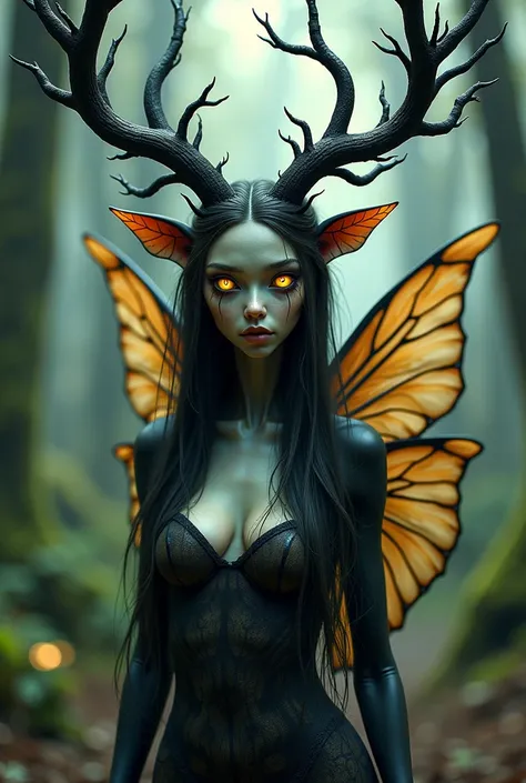 A fantastical creature with intricate tree-like antlers and expressive, oversized eyes resembling amber gemstones. The character has a delicate, ethereal appearance with a smooth, slightly iridescent skin texture that blends seamlessly with dark, twisted b...