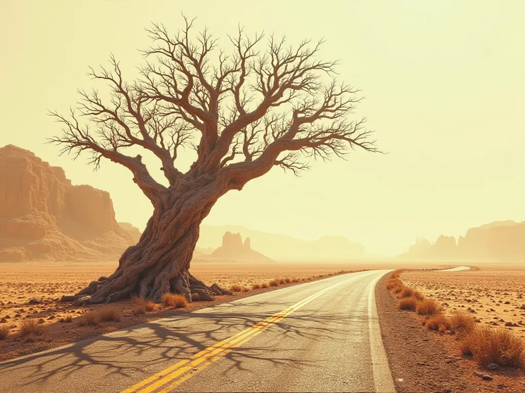 a highway crossing the desert with a beautiful tree next to the highway