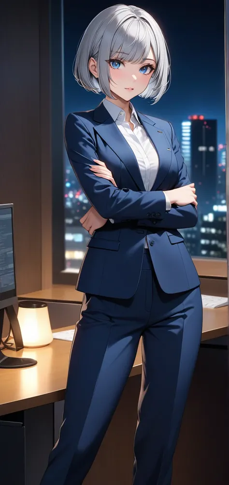 Ultra high resolution, rich colors, perfect image, top quality, detailed image, beautiful woman, glowing skin, skin and clothing texture, delicate eyes, office at night, business suit, pantsuit, low heel pumps, arms crossed, legs apart, (((short silver bob...