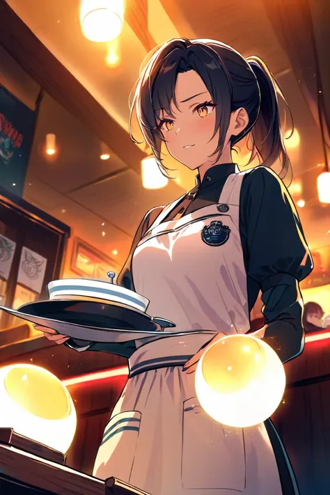 A waitress,,ponytail,she holds a plate ,a bomb with a sparking fuse on that plate,background is restaurant,